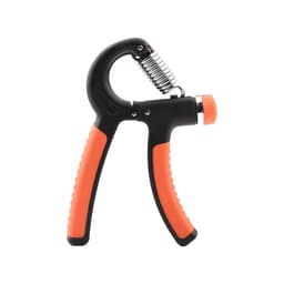 A black and orange adjustable hand grip with a spring mechanism and textured handles. It has a small knob for resistance adjustment.