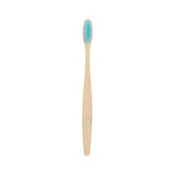 A large bamboo toothbrush with a light brown handle and blue bristles, featuring a simple design. It has a logo.