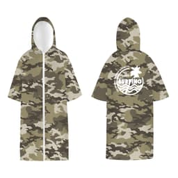 A camo-patterned hooded change towel in shades of green and brown, featuring a logo on the back.