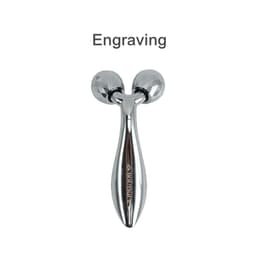 A chrome facial roller with two faceted balls and a sleek handle, featuring a logo.