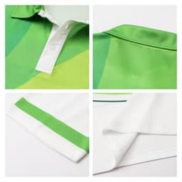 A green and white unisex polo shirt with a subtle striped design, featuring a collar and button closure.