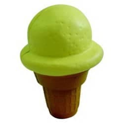 A green ice cream shape stress reliever in a brown cone design, featuring a textured surface.