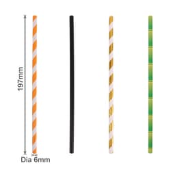 Four disposable 3-ply paper straws in orange and white, black, gold and white, and green stripes, each 197mm long.