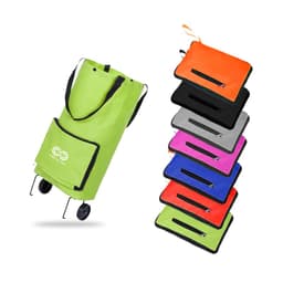 A green collapsible shopping trolley bag with wheels alongside various coloured foldable bags. All feature zippers.