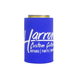 A drink bottle stubby holder in blue with a logo featuring text related to guitar repairs and parts.