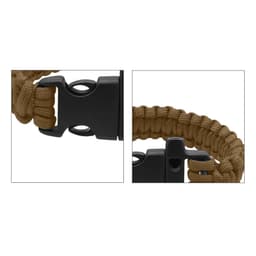 A tan paracord bracelet featuring a black clasp and a built-in whistle. The design is functional and durable.