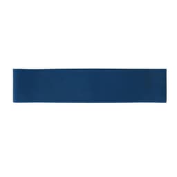 A blue latex fitness resistance band lies flat against a white background. It features a logo.