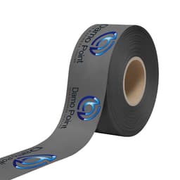 A roll of grey ribbon featuring printed logos and branding. The ribbon is smooth and shiny.