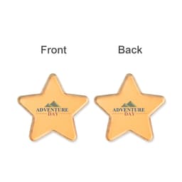 A star-shaped coaster in gold with a logo. The front displays text, while the back is plain.
