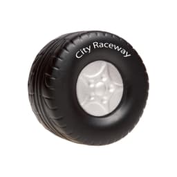 A black tire-shaped stress reliever featuring a silver wheel, with a logo on the side.