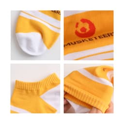 Yellow low cut socks with white stripes and a logo, featuring a comfortable ribbed cuff and soft fabric.