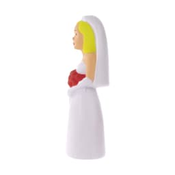 A white stress reliever shaped like a bride in a wedding dress, featuring blonde hair and a red bouquet.