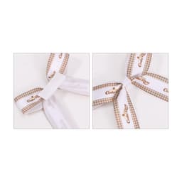 Adhesive bows in white with a checkered pattern and brand logo, designed for easy application on gifts.
