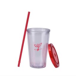 A transparent plastic cup with a red lid and straw, featuring a small logo on the side.