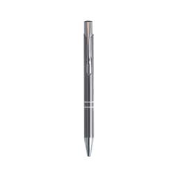 A metallic silver aluminium click pen with a clip and a shiny finish, featuring a logo.