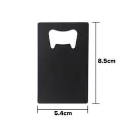 A drink bottle opener in a rectangular card shape, featuring a black finish and a cut-out for bottle opening.