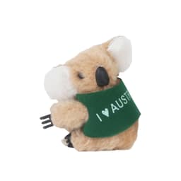 A plush koala toy with a green vest that reads "I ♥ AUSTRALIA," featuring brown fur and white accents.