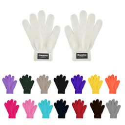 A pair of plain knitted gloves in white, surrounded by various coloured gloves, featuring a woven label.