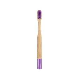 A small round handle bamboo toothbrush with a purple bristle head and purple bottom. It features a logo.