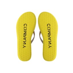 Bright yellow EVA platform thongs with a textured sole and a branding logo on the insole.