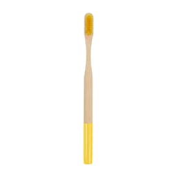 A large round handle bamboo toothbrush with a yellow head and a natural bamboo handle. It features a logo.