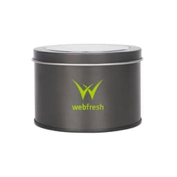 A medium grey tin can with a transparent window, featuring a logo on the side.