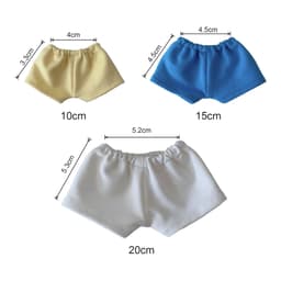 Three pairs of plush doll shorts in yellow, blue, and white, with measurements displayed beside each pair.
