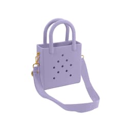 A mini beach bag in lavender with handles and a detachable strap, featuring holes and a simple design.