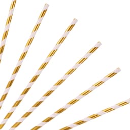 A group of white and gold striped paper straws arranged diagonally. The straws have a logo on them.