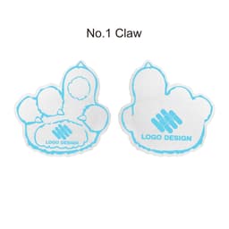 A pair of paw-shaped foam mitts in white with blue outlines and a logo design.