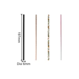 Four disposable 3-ply straight drinking paper straws in various designs: black, patterned, floral, and iridescent.