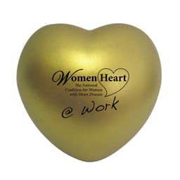 A gold heart-shaped stress reliever featuring a logo and text design.