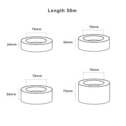 A set of adhesive kraft paper tape rolls in brown, showing dimensions and varying widths. Four rolls are illustrated.