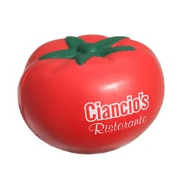 A red tomato-shaped stress reliever with a green stem, featuring a logo.