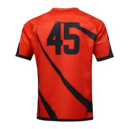 A vibrant orange crew neck raglan sport tee shirt featuring black accents and a large black number on the back.