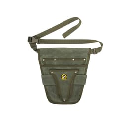 A green garden tool waist pouch with multiple pockets and a belt strap. It features a logo on the front.