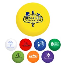 A yellow stress ball in a baseball shape, featuring a logo, surrounded by multi-coloured stress balls.