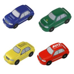 Four sedan car-shaped stress relievers in blue, green, yellow, and red, each featuring a logo on the surface.