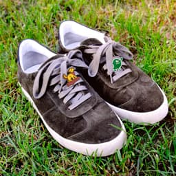A pair of dark grey sneakers on grass, featuring colourful custom shoelace charms.