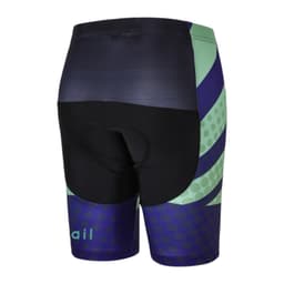 Men's sublimated cycling shorts featuring a blend of navy blue, green, and black colours with a logo on the side.