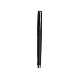 A black pen with a sleek design and a silver clip, featuring a logo.