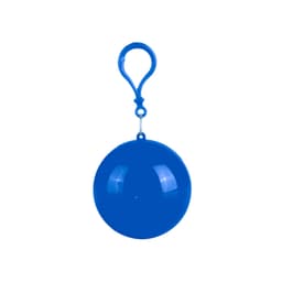 A blue ball with a clip attachment, designed to hold a rain poncho inside, featuring a simple circular shape.