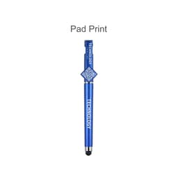 A blue pen with a QR code attachment, featuring a branding logo on the barrel.