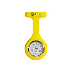 A yellow silicone nurse watch with a round dial and a logo at the top.