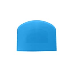A blue flexible bowl scraper with a textured surface and rounded shape. It features a logo.