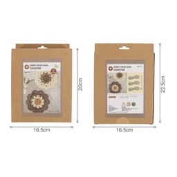 A cardboard packaging for a Custom Coaster Crochet Kit featuring beige, cream, and brown coasters, with a logo.