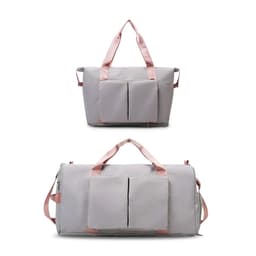 A grey foldable sports duffle bag with pink straps and front pockets, shown in two different sizes.
