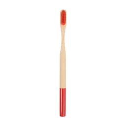 A colorful bamboo toothbrush with a red handle and a natural bamboo bristle head. It has a logo on the handle.