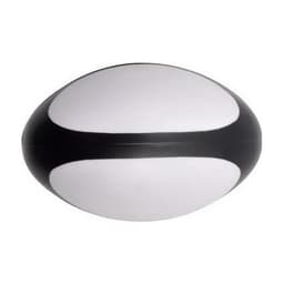 A stress rugby ball in black and white, featuring a smooth surface and a rounded shape.