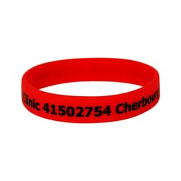 A red silicone wristband featuring black text and a logo.